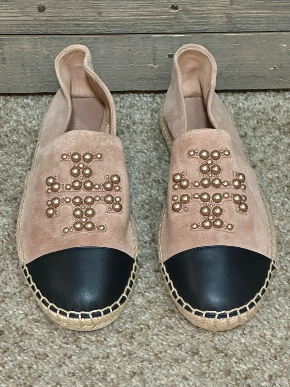 Tory Burch Pearl Logo Espadrilles Pink Suede Cap Toe Flats New Size 11